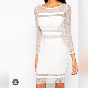 Lipsy London White Lace Nude Panel Mini Long Sleeve Dress Size 2